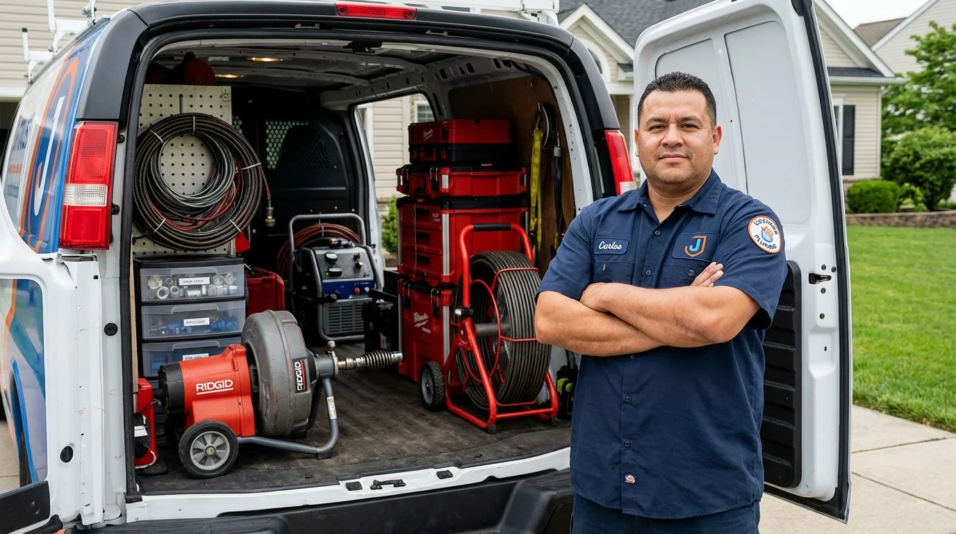 Professional drain cleaning equipment and Johns Plumbing LLC plumber in Bushnell