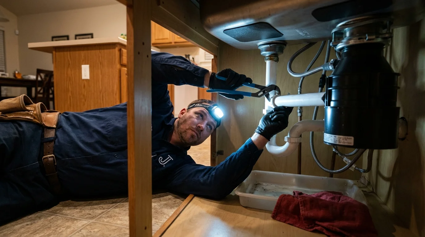 P-trap and supply line connections under a kitchen sink showing a common leak point in Bushnell, FL